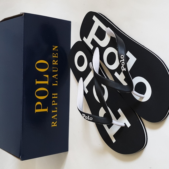 Polo ralph Lauren mens flip flops big logo size 10 11 black - Picture 1 of 3